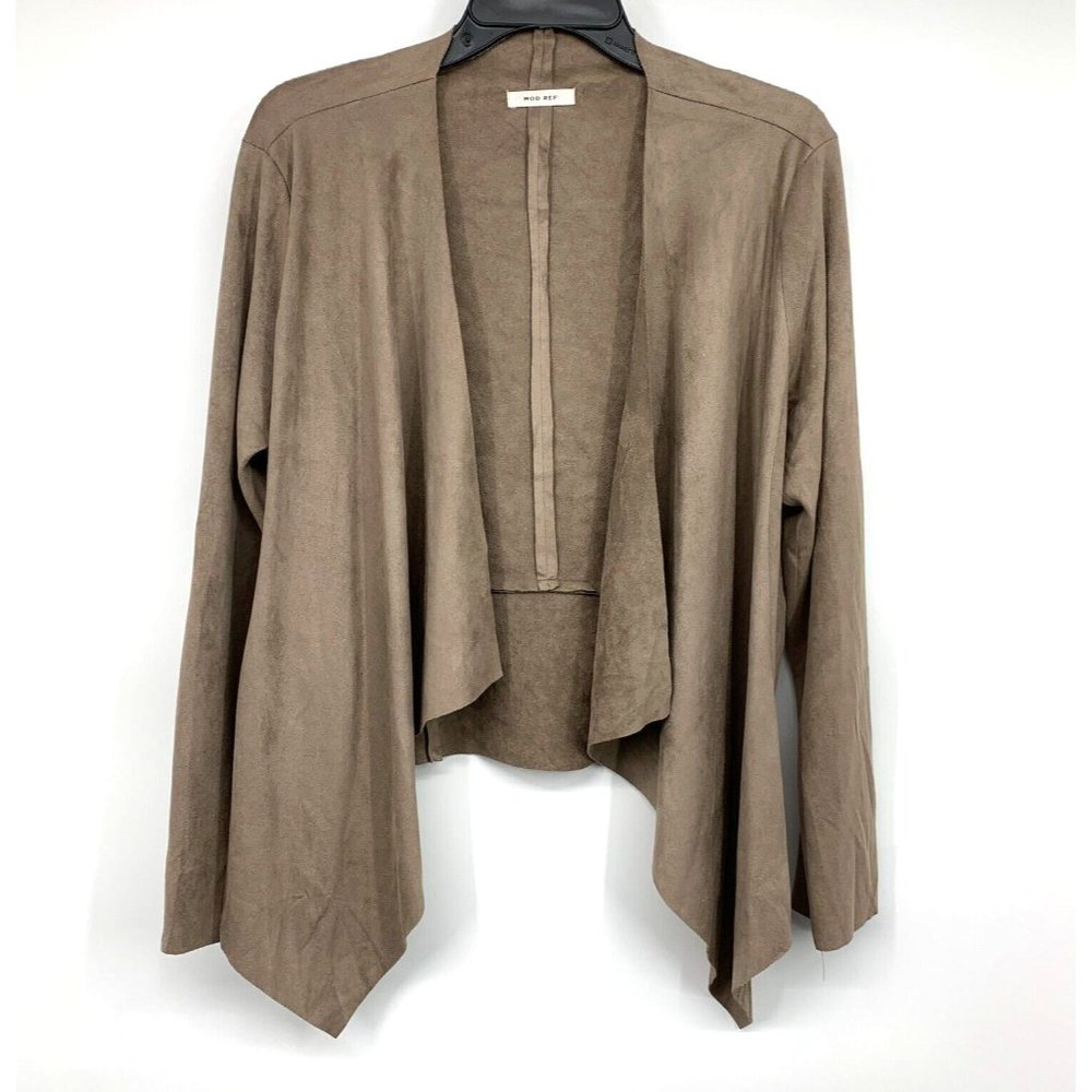 Mod Ref Jacket Brown Faux Suede Open Front Waterfall Long Sleeve